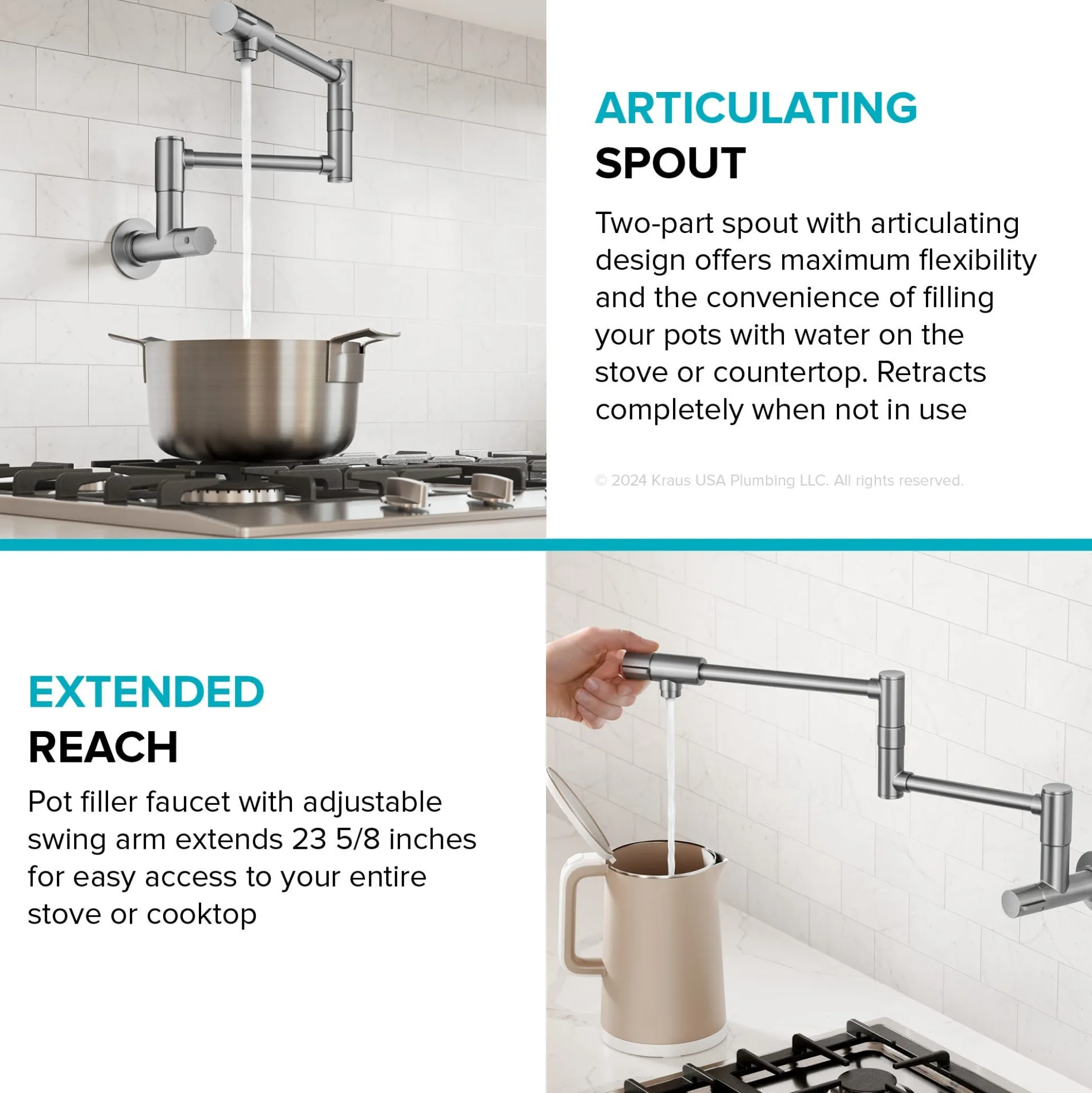 2 Handle Wall Mount Pot Filler Faucet with Retractable Arm in Spot-Free Stainless Steel