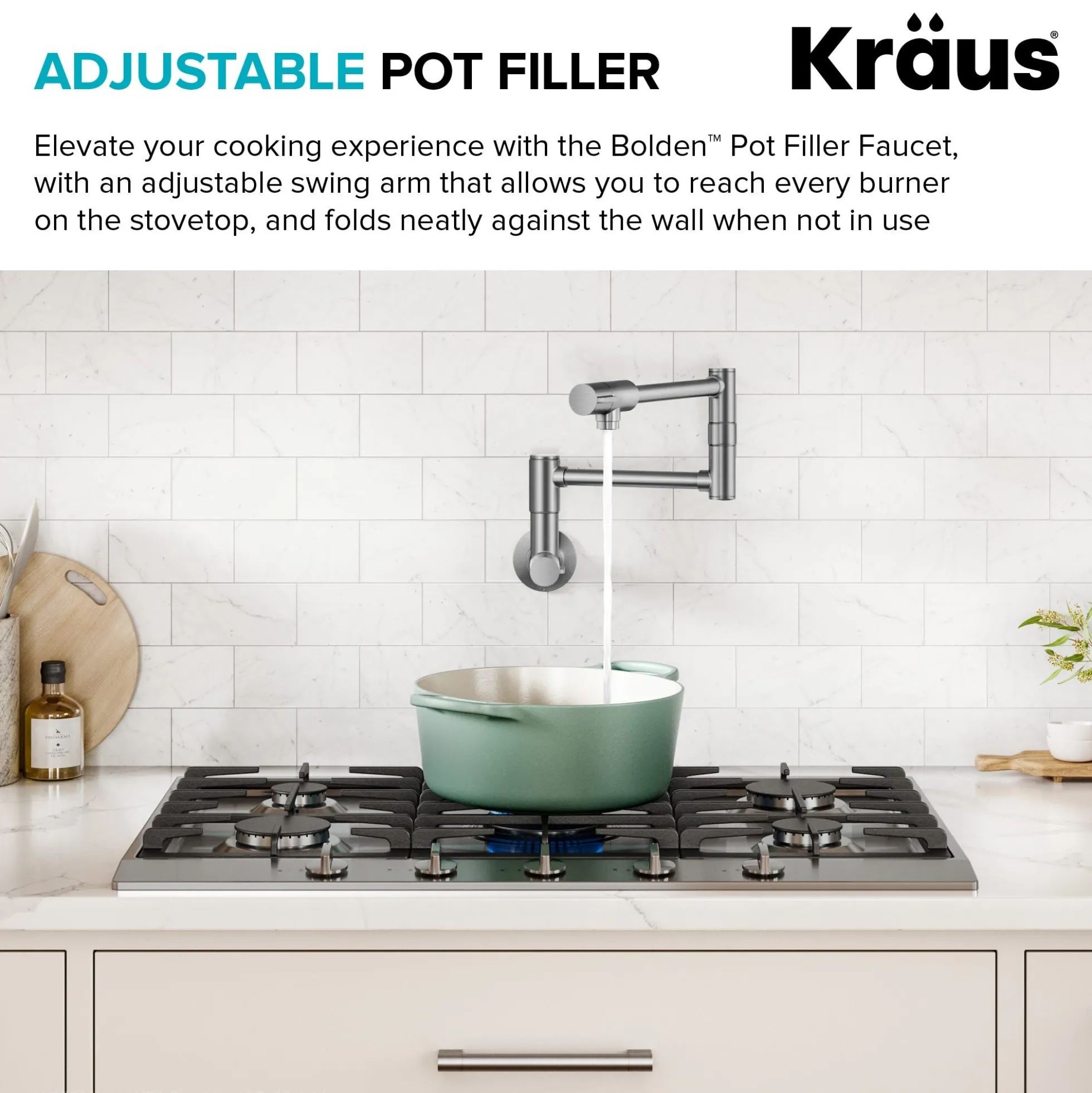 2 Handle Wall Mount Pot Filler Faucet with Retractable Arm in Spot-Free Stainless Steel