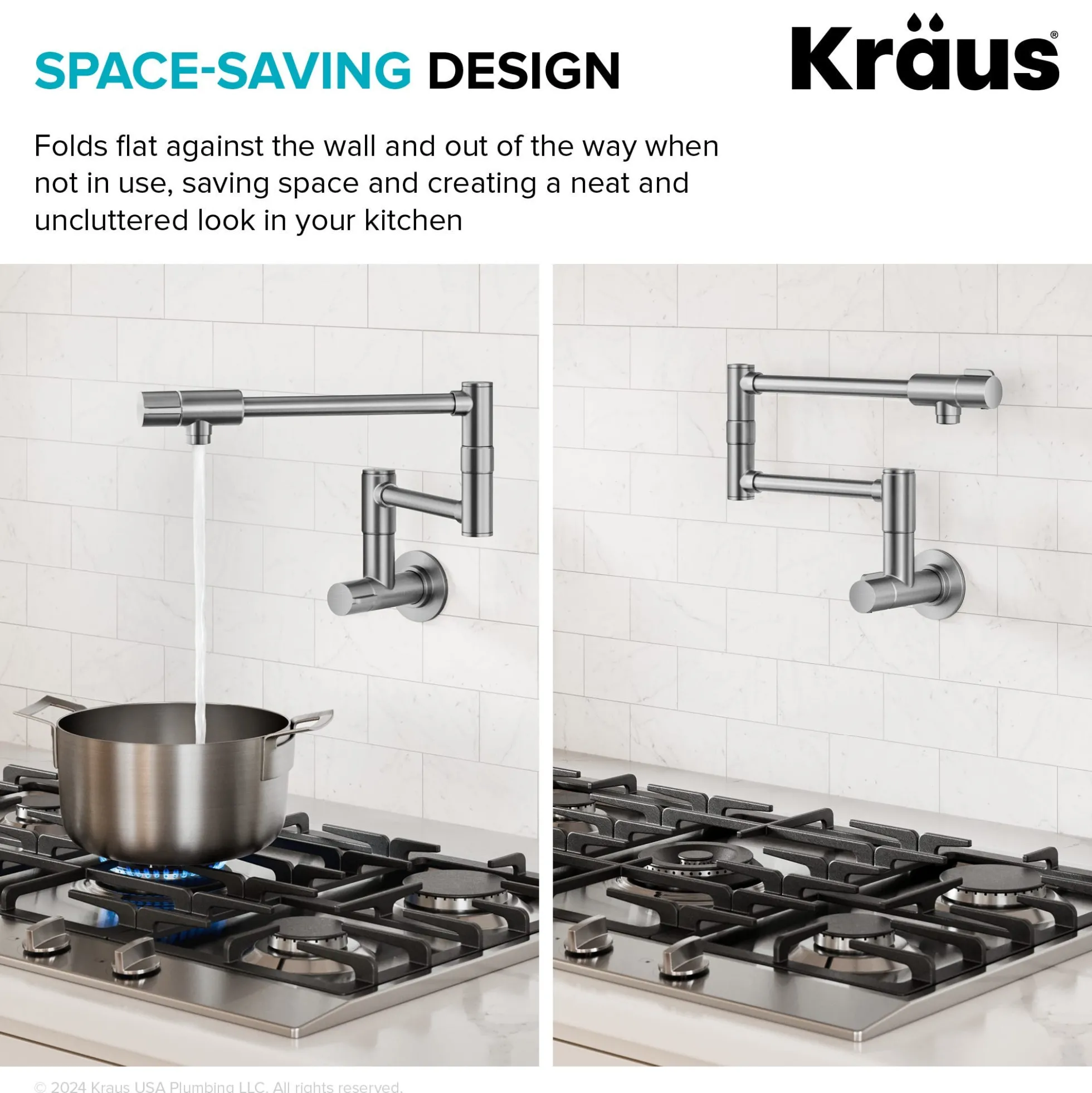 2 Handle Wall Mount Pot Filler Faucet with Retractable Arm in Spot-Free Stainless Steel