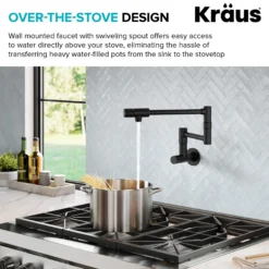 2 Handle Wall Mount Pot Filler Faucet with Retractable Arm in Matte Black