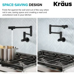 2 Handle Wall Mount Pot Filler Faucet with Retractable Arm in Matte Black