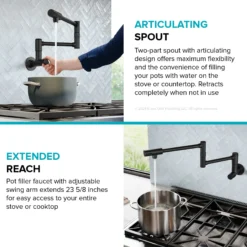 2 Handle Wall Mount Pot Filler Faucet with Retractable Arm in Matte Black