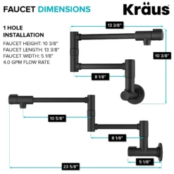 2 Handle Wall Mount Pot Filler Faucet with Retractable Arm in Matte Black