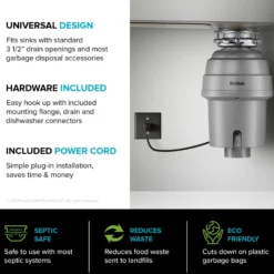 High-Speed 3/4 HP Continuous Feed Ultra-Quiet Motor Garbage Disposal with Power Cord and Flange Included and Universal Mount