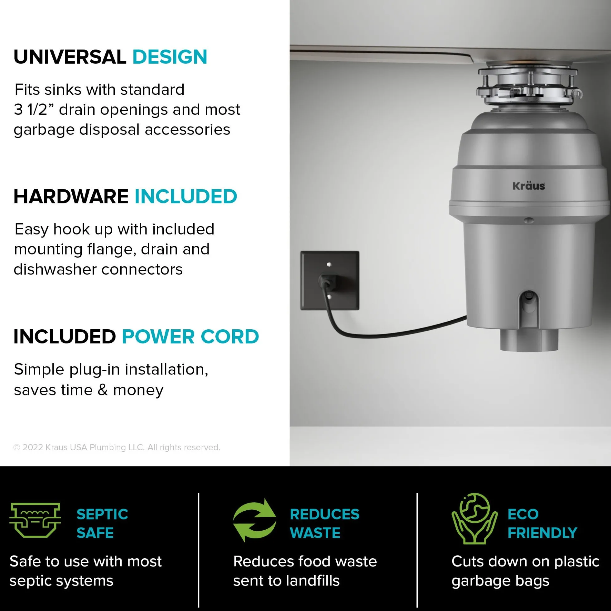 High-Speed 3/4 HP Continuous Feed Ultra-Quiet Motor Garbage Disposal with Power Cord and Flange Included and Universal Mount