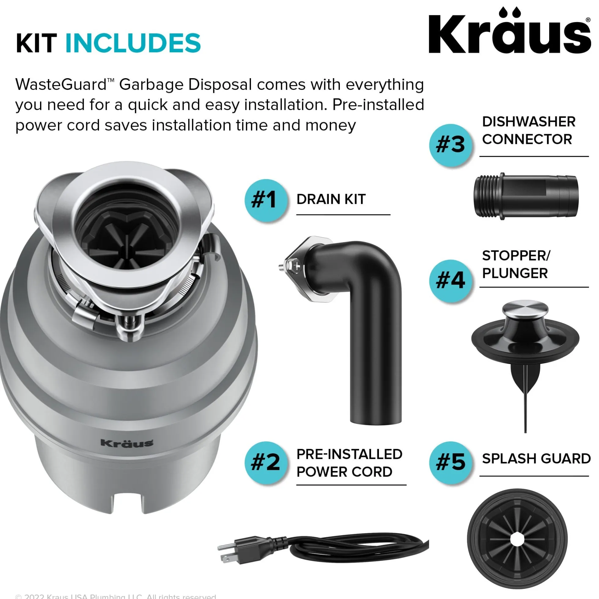 High-Speed 3/4 HP Continuous Feed Ultra-Quiet Motor Garbage Disposal with Power Cord and Flange Included and Universal Mount