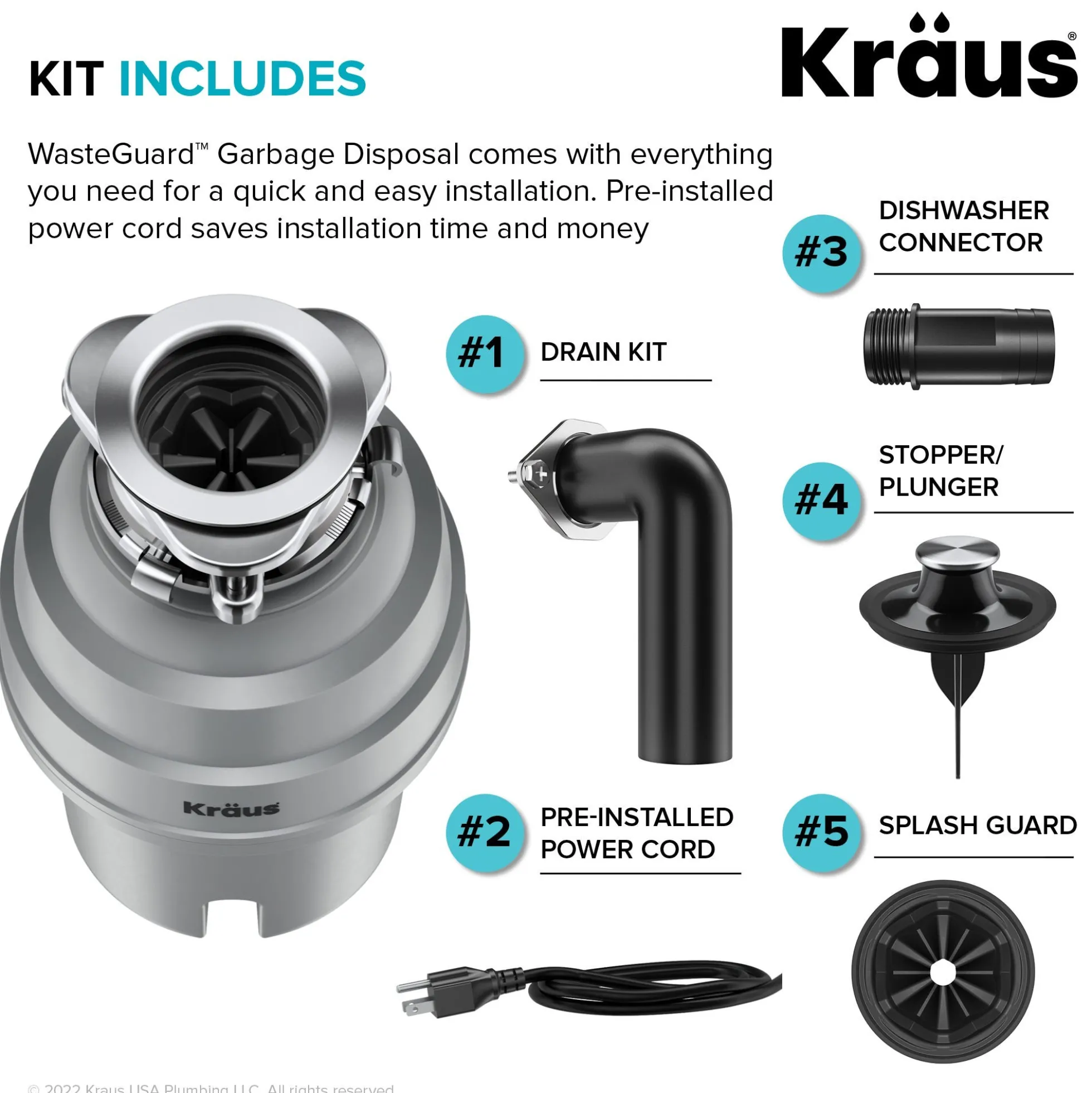 High-Speed 1 HP Continuous Feed Ultra-Quiet Motor Garbage Disposal with Power Cord and Flange Included and Universal Mount