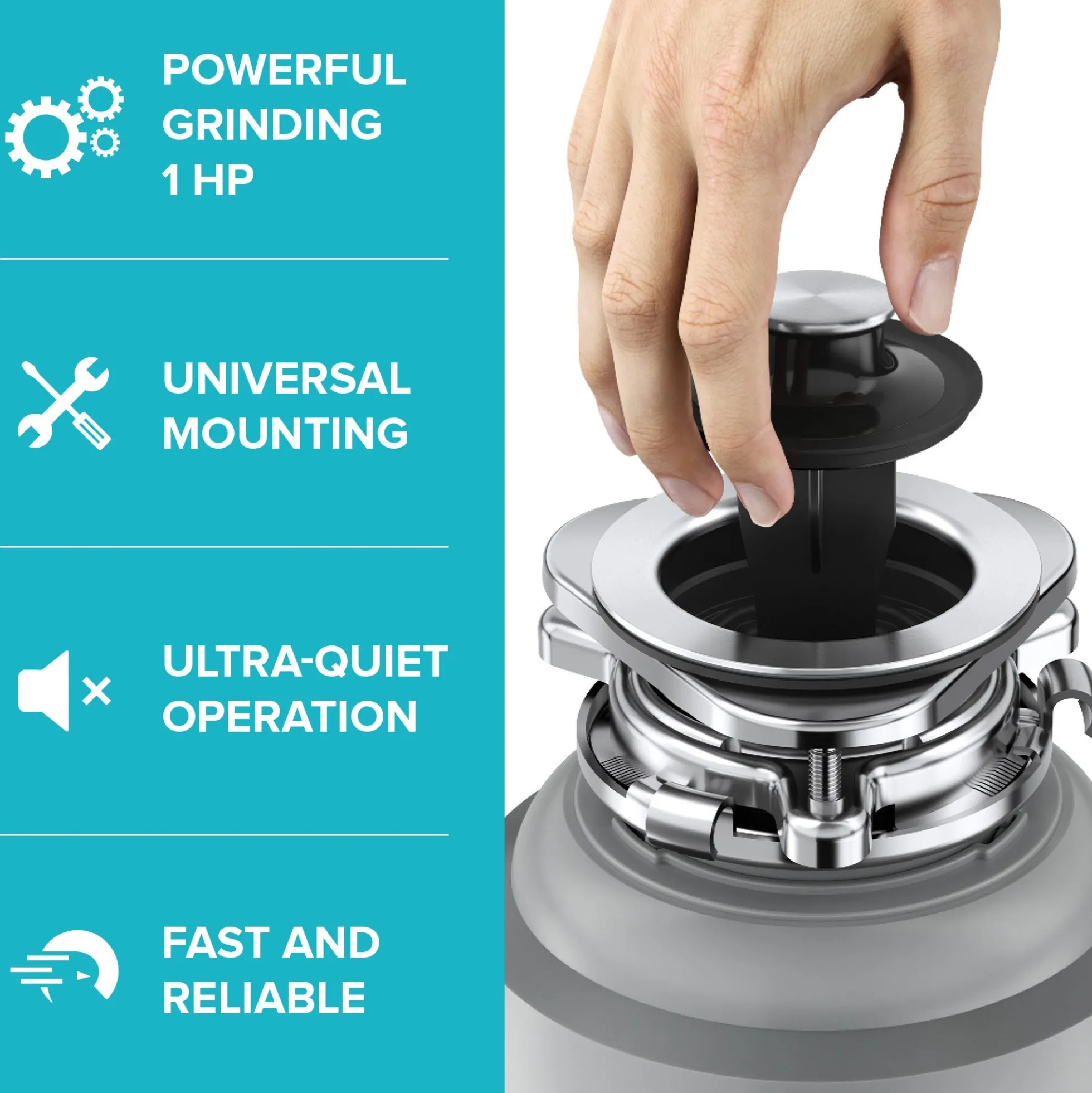 High-Speed 1 HP Continuous Feed Ultra-Quiet Motor Garbage Disposal with Power Cord and Flange Included and Universal Mount