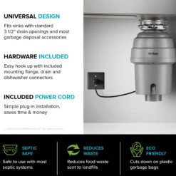 High-Speed 1 HP Continuous Feed Ultra-Quiet Motor Garbage Disposal with Power Cord and Flange Included and Universal Mount