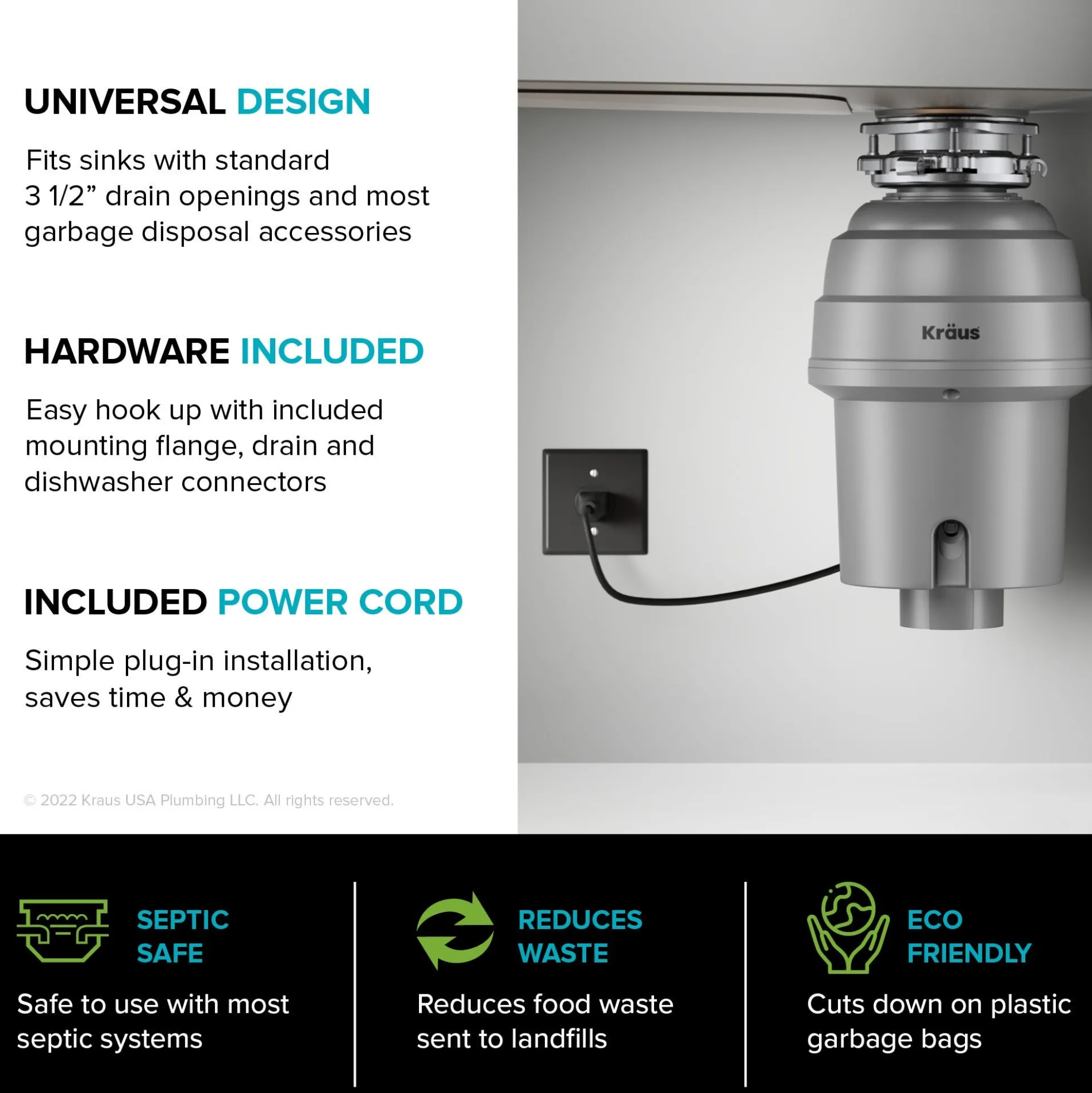 High-Speed 1 HP Continuous Feed Ultra-Quiet Motor Garbage Disposal with Power Cord and Flange Included and Universal Mount