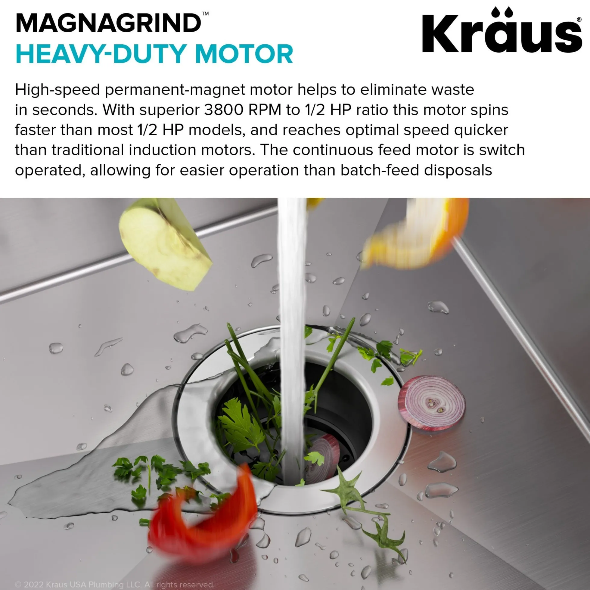 High-Speed 1/2 HP Continuous Feed Ultra-Quiet Motor Garbage Disposal with Quick Connect Mount, Power Cord and Flange Included