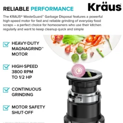 High-Speed 1/2 HP Continuous Feed Ultra-Quiet Motor Garbage Disposal with Quick Connect Mount, Power Cord and Flange Included