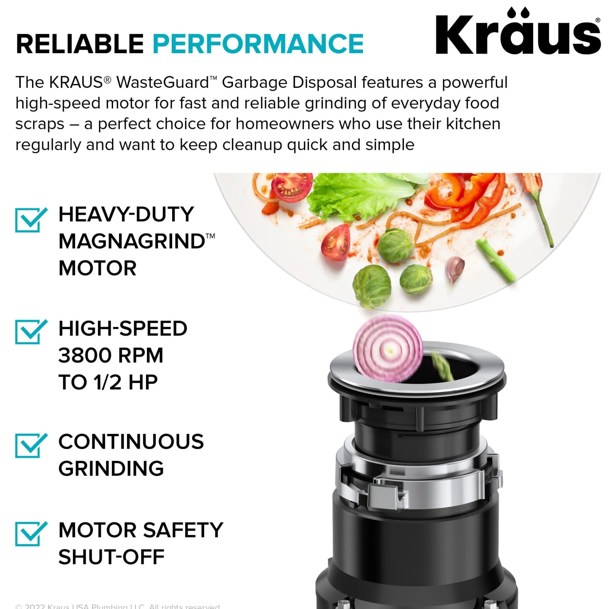 High-Speed 1/2 HP Continuous Feed Ultra-Quiet Motor Garbage Disposal with Quick Connect Mount, Power Cord and Flange Included