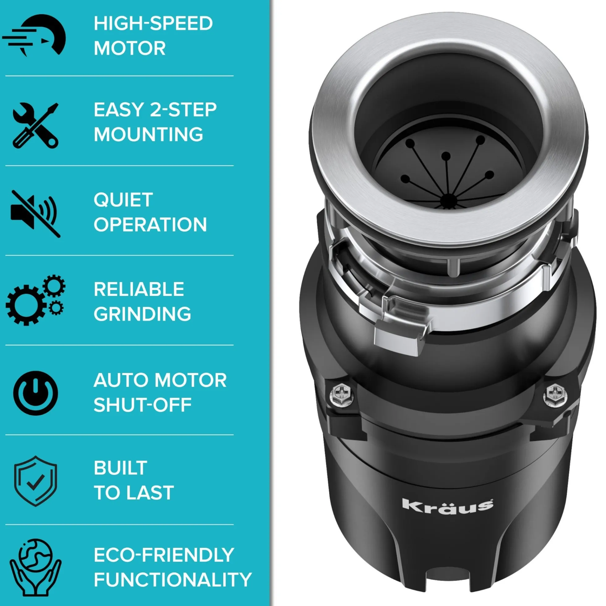High-Speed 1/3 HP Continuous Feed Ultra-Quiet Motor Garbage Disposal with Quick Connect Mount, Power Cord and Flange Included