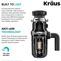 High-Speed 1/3 HP Continuous Feed Ultra-Quiet Motor Garbage Disposal with Quick Connect Mount, Power Cord and Flange Included