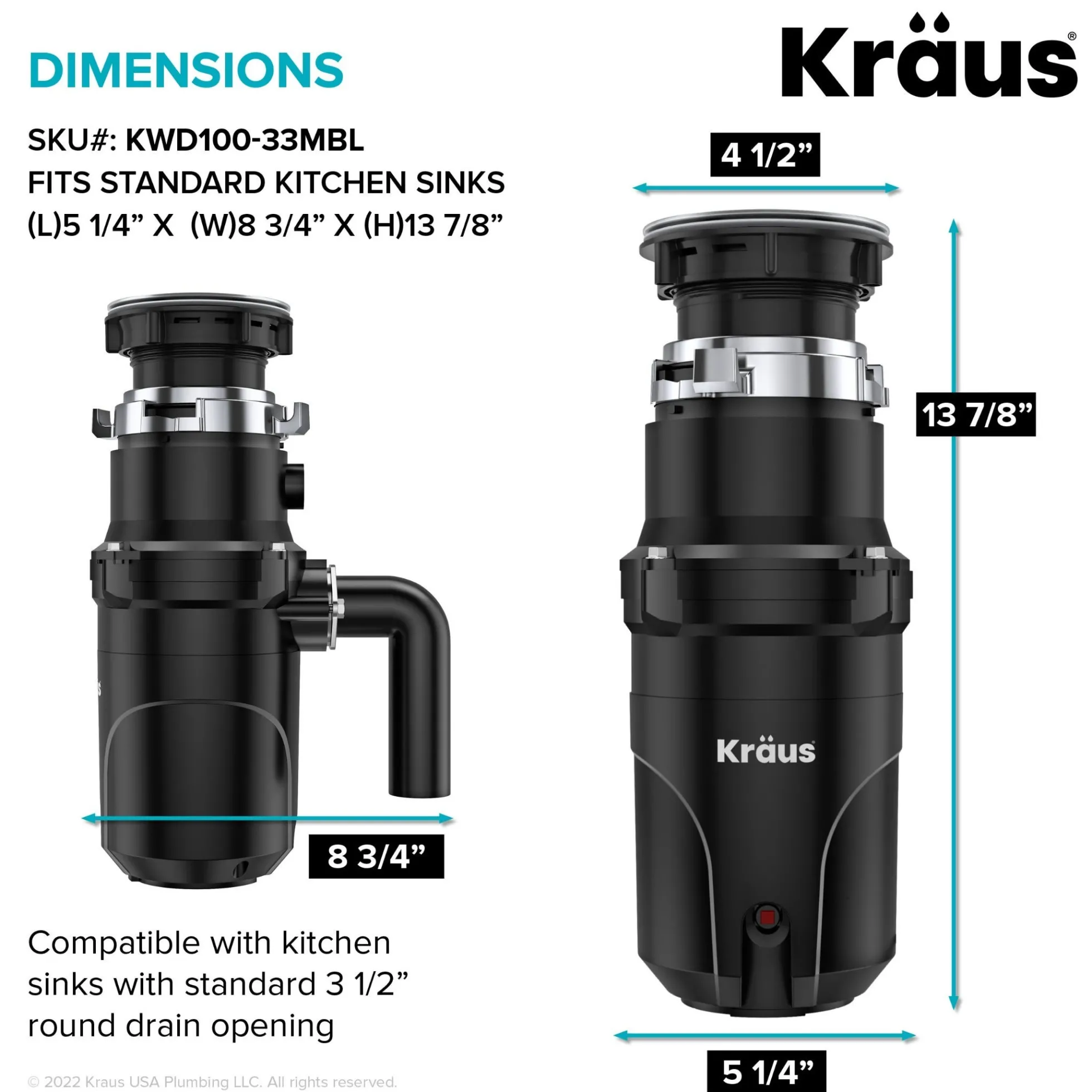 High-Speed 1/3 HP Continuous Feed Ultra-Quiet Motor Garbage Disposal with Quick Connect Mount, Power Cord and Flange Included