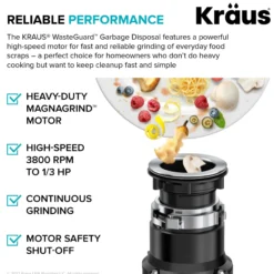 High-Speed 1/3 HP Continuous Feed Ultra-Quiet Motor Garbage Disposal with Quick Connect Mount, Power Cord and Flange Included