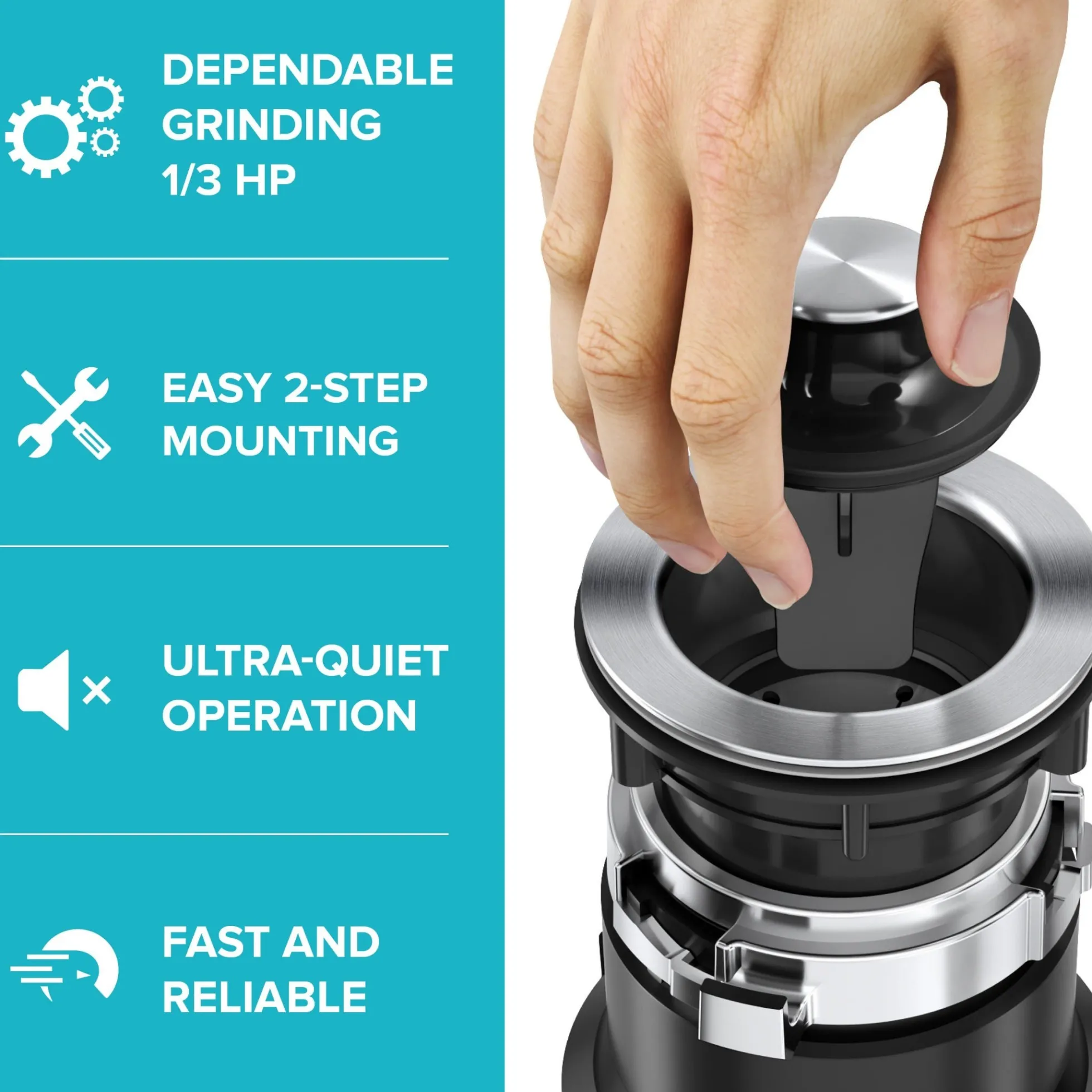 High-Speed 1/3 HP Continuous Feed Ultra-Quiet Motor Garbage Disposal with Quick Connect Mount, Power Cord and Flange Included