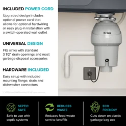 3/4 HP Continuous Feed Garbage Disposal with Ultra-Quiet Motor for Kitchen Sink with Power Cord and Flange Included