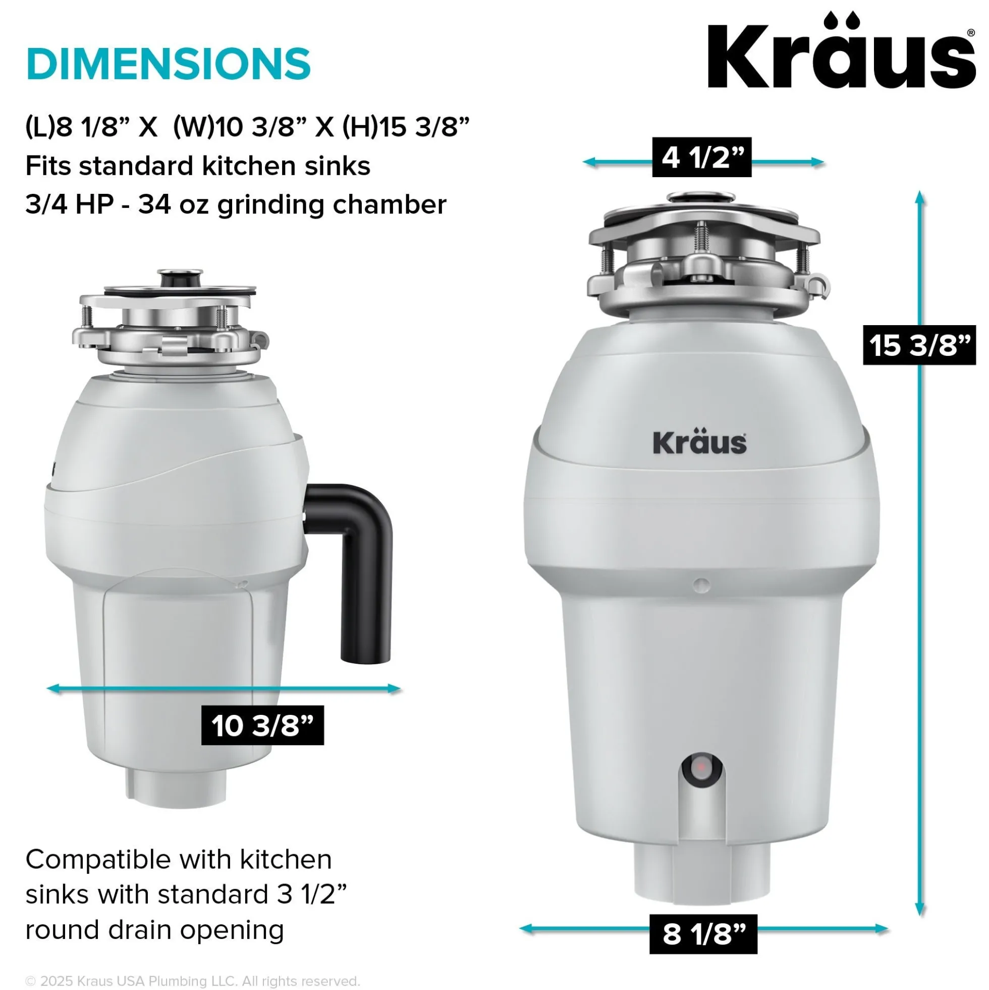 3/4 HP Continuous Feed Garbage Disposal with Ultra-Quiet Motor for Kitchen Sink with Power Cord and Flange Included