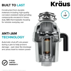 1 HP Continuous Feed Garbage Disposal with Ultra-Quiet Motor for Kitchen Sink with Power Cord and Flange Included