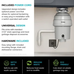 1 HP Continuous Feed Garbage Disposal with Ultra-Quiet Motor for Kitchen Sink with Power Cord and Flange Included