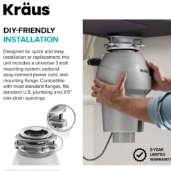 1/2 HP Continuous Feed Garbage Disposal with Ultra-Quiet Motor for Kitchen Sink with Power Cord and Flange Included