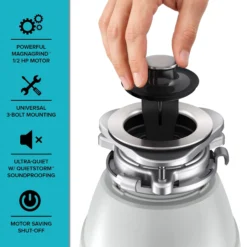 1/2 HP Continuous Feed Garbage Disposal with Ultra-Quiet Motor for Kitchen Sink with Power Cord and Flange Included