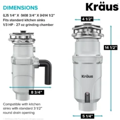 1/3 HP Continuous Feed Garbage Disposal with Ultra-Quiet Motor for Kitchen Sink with Power Cord and Flange Included