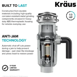 1/3 HP Continuous Feed Garbage Disposal with Ultra-Quiet Motor for Kitchen Sink with Power Cord and Flange Included