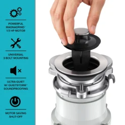 1/3 HP Continuous Feed Garbage Disposal with Ultra-Quiet Motor for Kitchen Sink with Power Cord and Flange Included