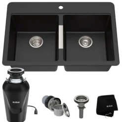 33 Inch Dual Mount 50/50 Double Bowl Granite Kitchen Sink w/ Top mount and Undermount Installation in Black Onyx with WasteGuard™ Continuous Feed Garbage Disposal