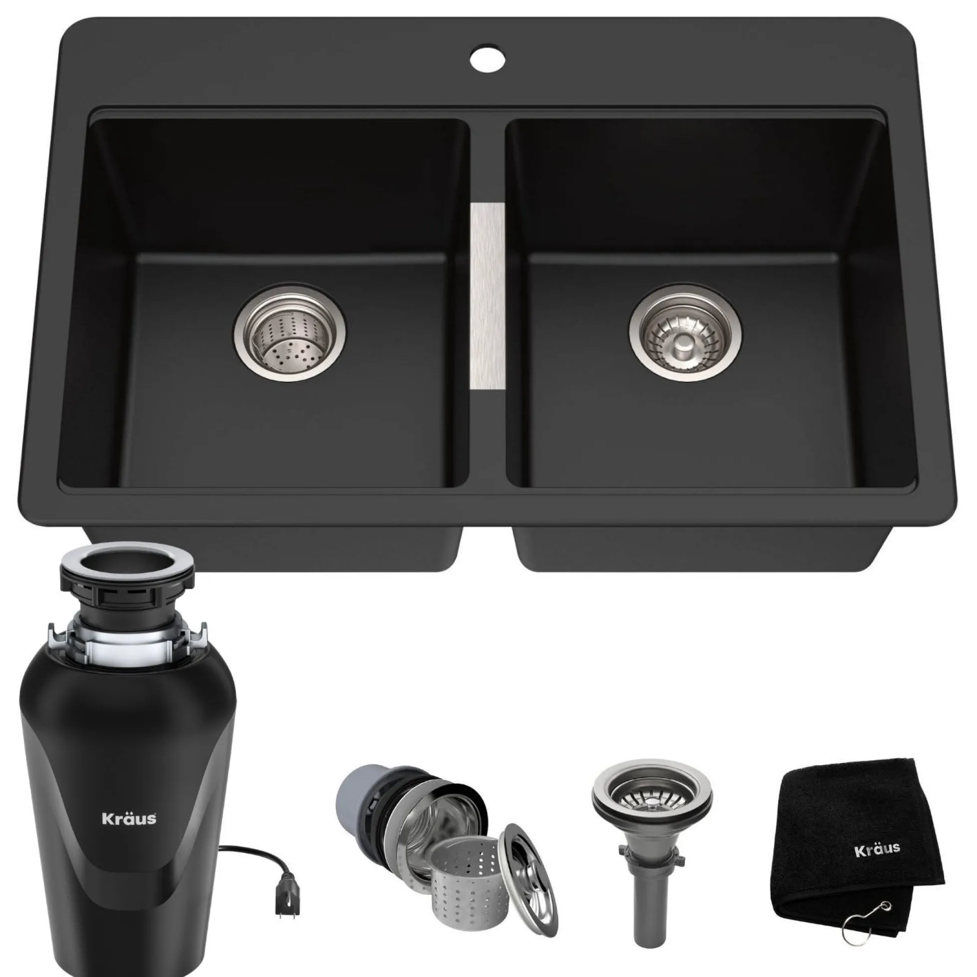 33 Inch Dual Mount 50/50 Double Bowl Granite Kitchen Sink w/ Top mount and Undermount Installation in Black Onyx with WasteGuard™ Continuous Feed Garbage Disposal