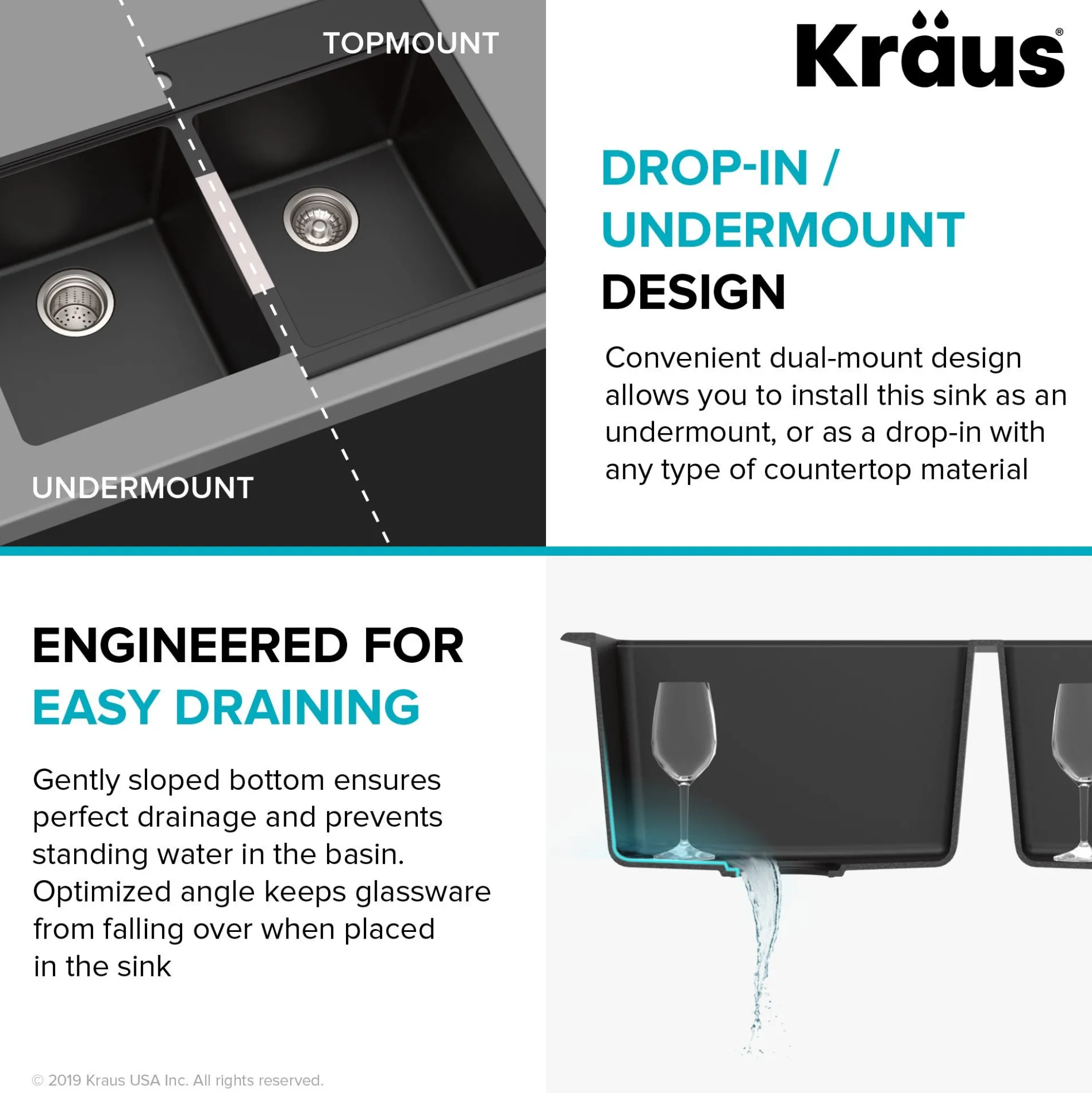 33 Inch Dual Mount 50/50 Double Bowl Granite Kitchen Sink w/ Top mount and Undermount Installation in Black Onyx with WasteGuard™ Continuous Feed Garbage Disposal