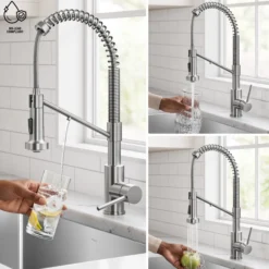 2-in-1 Commercial Style Pull Down Kitchen Faucet with Integrated Water Filter Tap for Reverse Osmosis or Water Filtration System in Spot-Free Antique Champagne Bronze / Matte Black