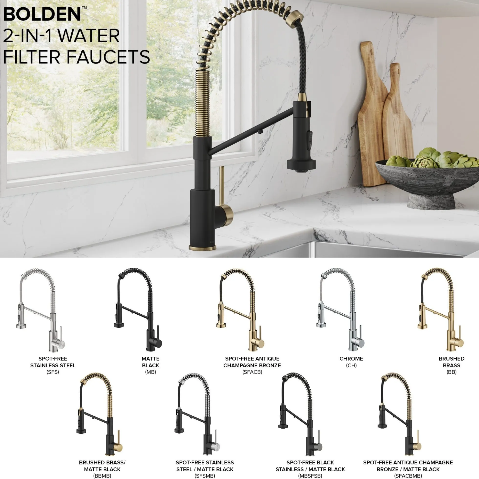 2-in-1 Commercial Style Pull Down Kitchen Faucet with Integrated Water Filter Tap for Reverse Osmosis or Water Filtration System in Spot-Free Antique Champagne Bronze / Matte Black