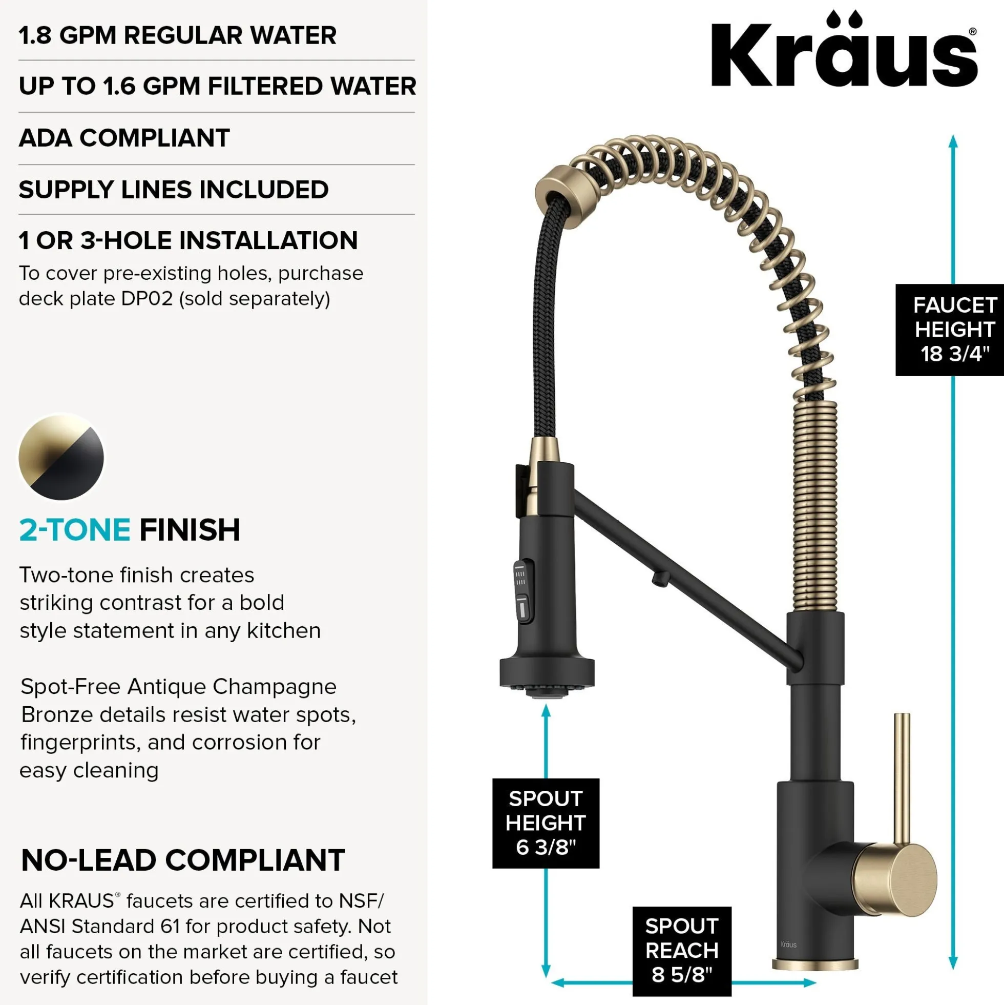 2-in-1 Commercial Style Pull Down Kitchen Faucet with Integrated Water Filter Tap for Reverse Osmosis or Water Filtration System in Spot-Free Antique Champagne Bronze / Matte Black