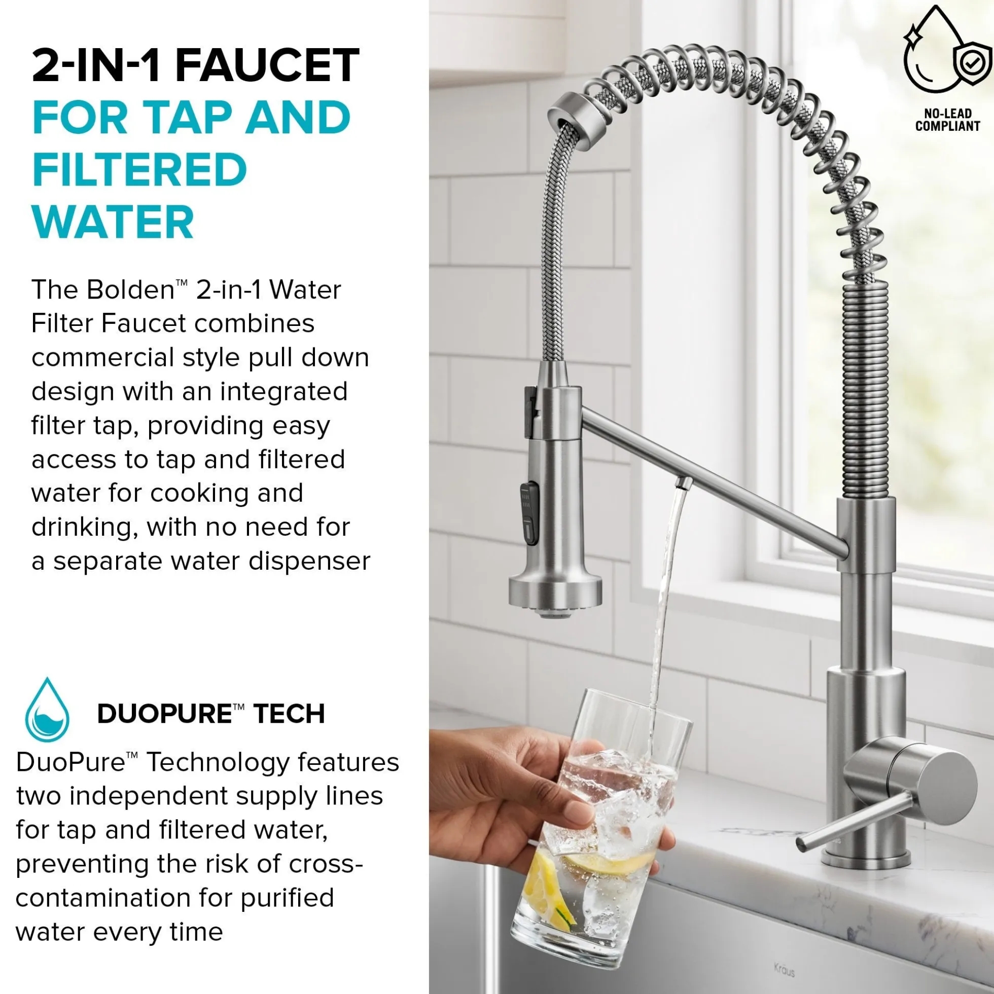 2-in-1 Commercial Style Pull Down Single Handle Water Filter Kitchen Faucet for Reverse Osmosis or Water Filtration System in Spot-Free Brushed Brass