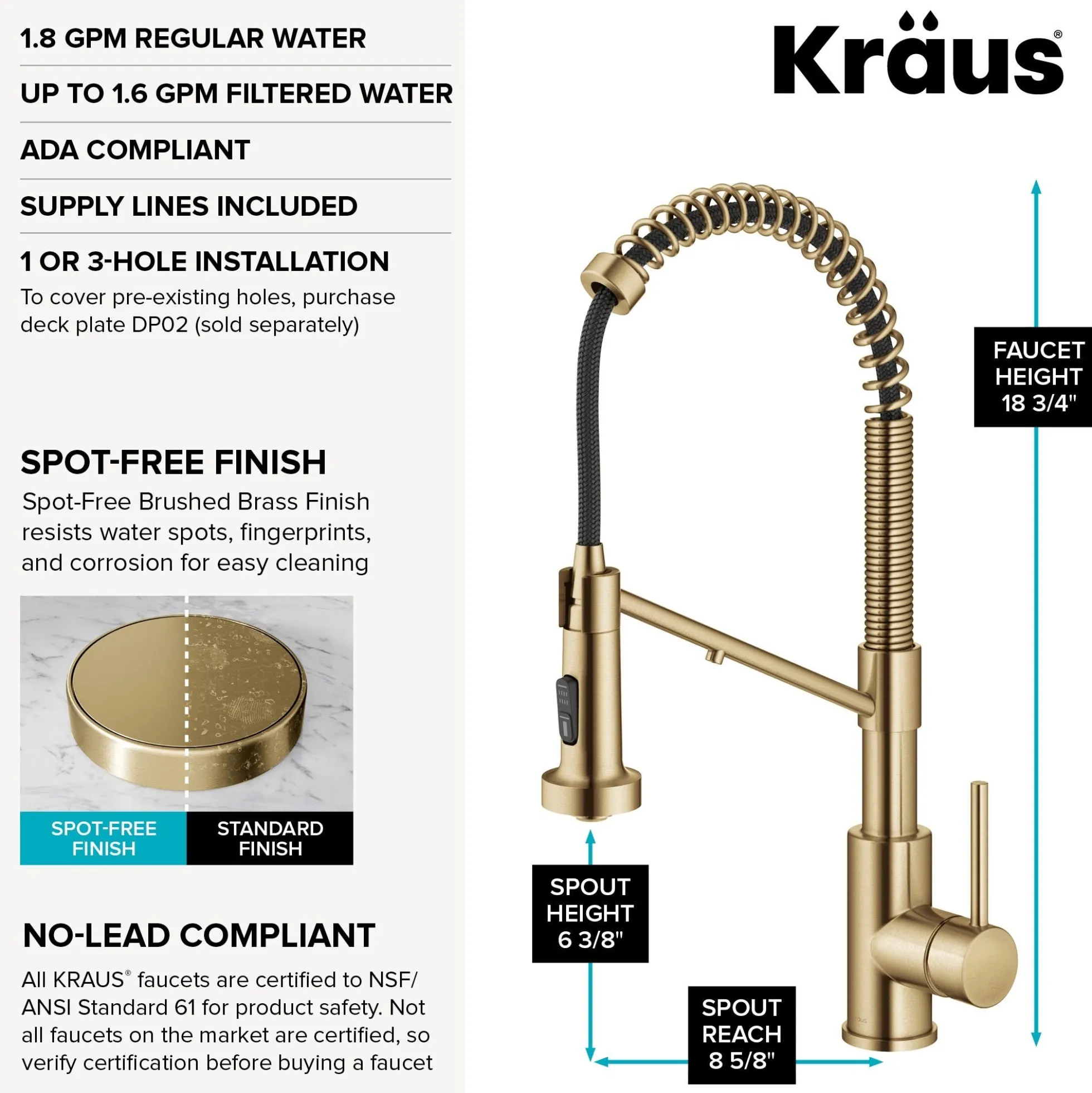 2-in-1 Commercial Style Pull Down Single Handle Water Filter Kitchen Faucet for Reverse Osmosis or Water Filtration System in Spot-Free Brushed Brass