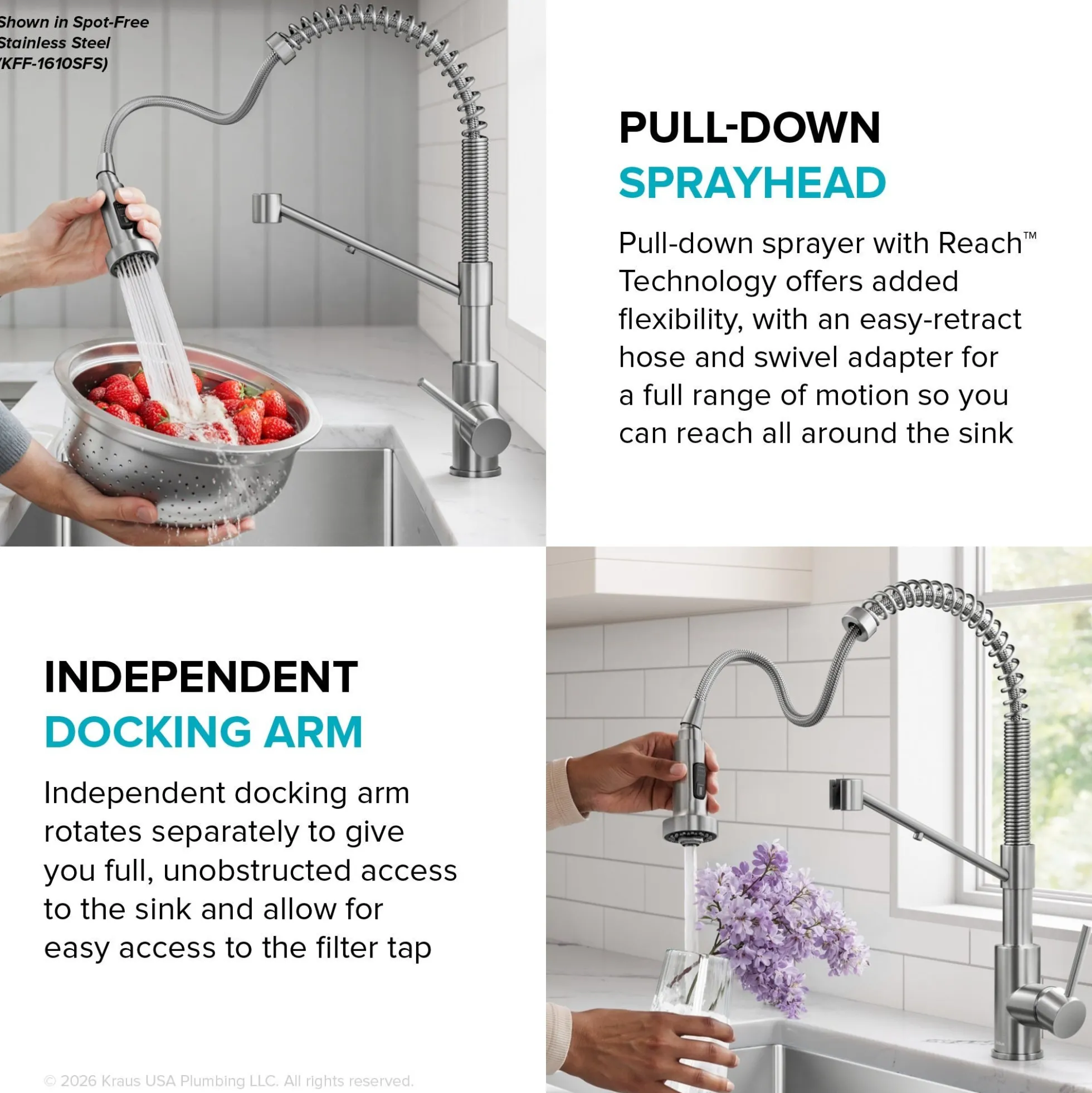 2-in-1 Commercial Style Pull Down Single Handle Water Filter Kitchen Faucet for Reverse Osmosis or Water Filtration System in Spot-Free Brushed Brass