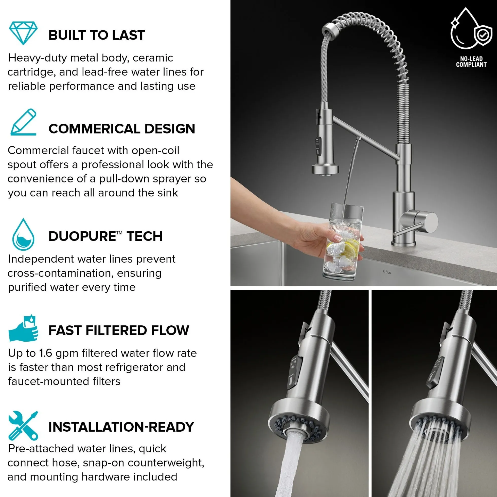 2-in-1 Commercial Style Pull Down Single Handle Water Filter Kitchen Faucet for Reverse Osmosis or Water Filtration System in Spot-Free Stainless Steel / Matte Black