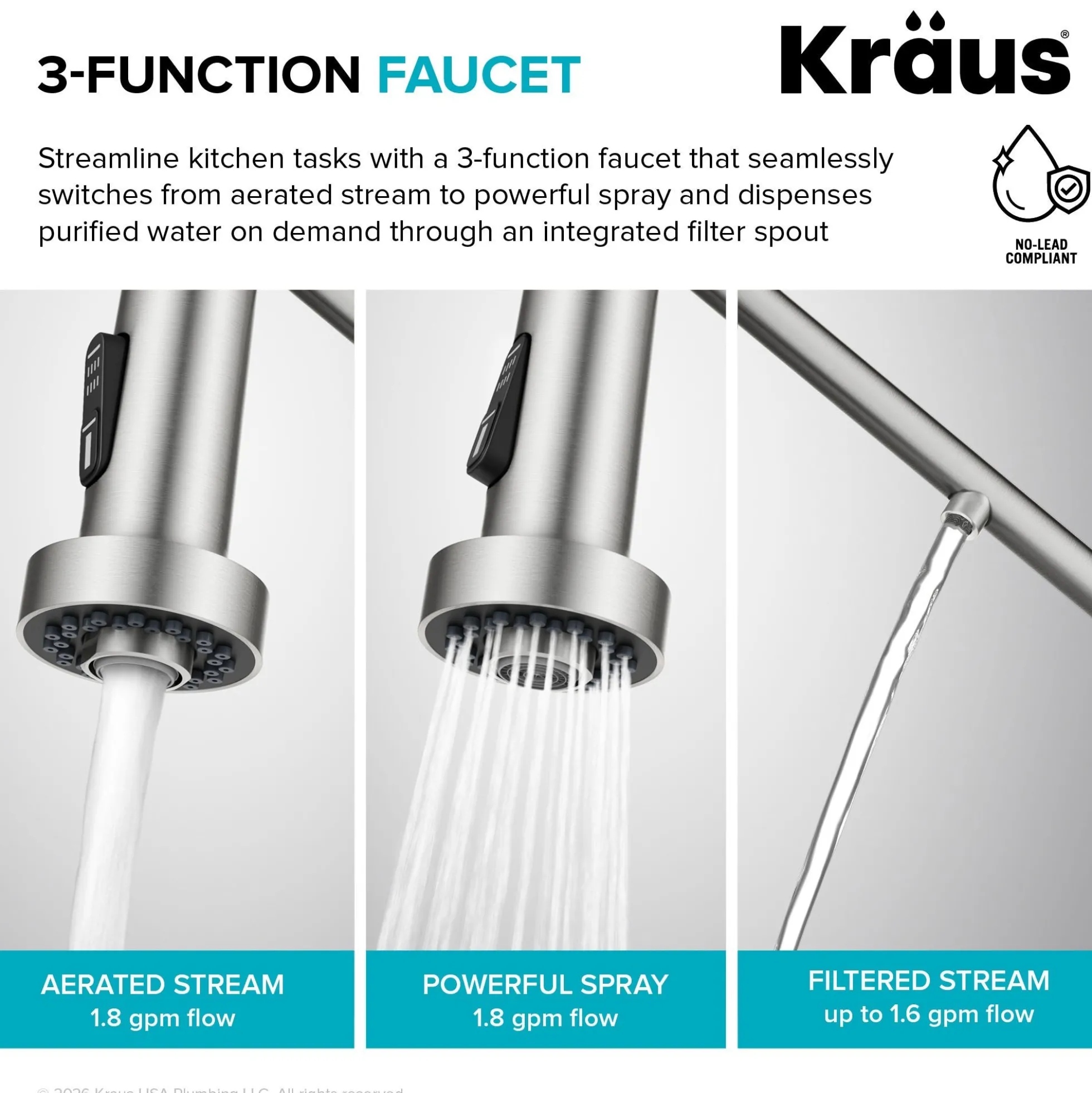 2-in-1 Commercial Style Pull Down Single Handle Water Filter Kitchen Faucet for Reverse Osmosis or Water Filtration System in Spot-Free Stainless Steel / Matte Black