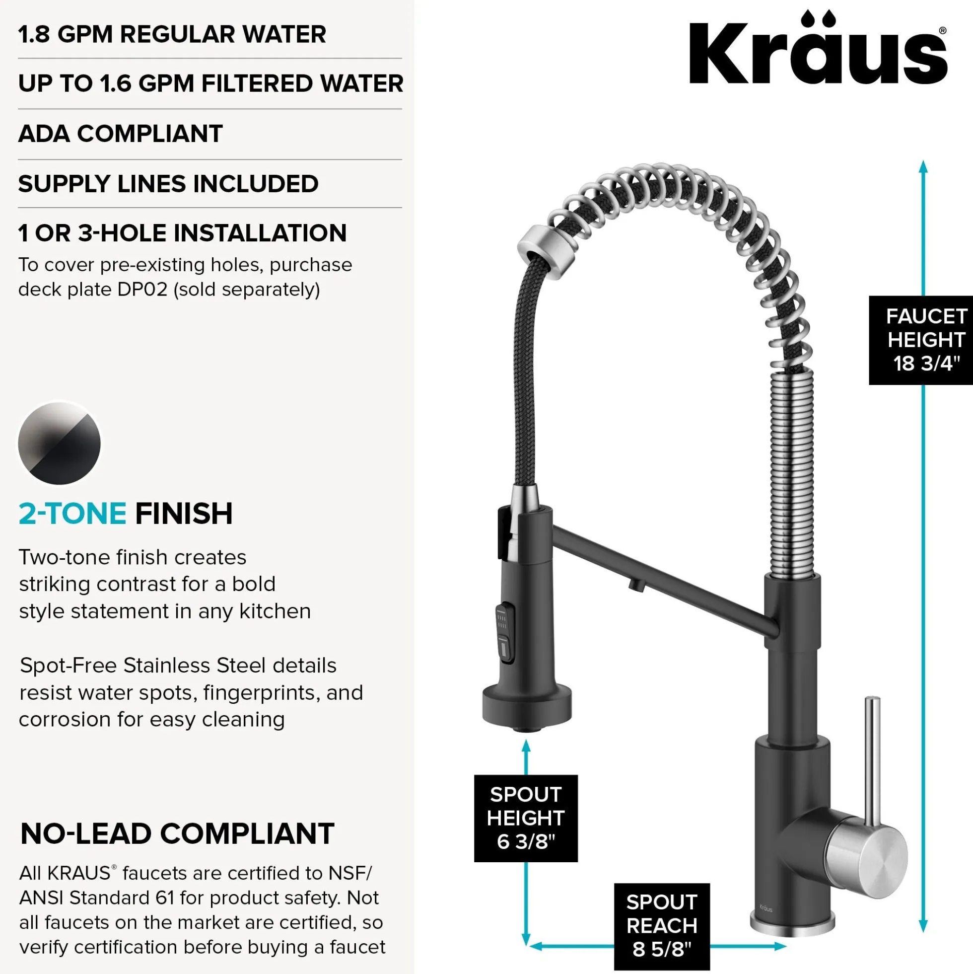 2-in-1 Commercial Style Pull Down Single Handle Water Filter Kitchen Faucet for Reverse Osmosis or Water Filtration System in Spot-Free Stainless Steel / Matte Black