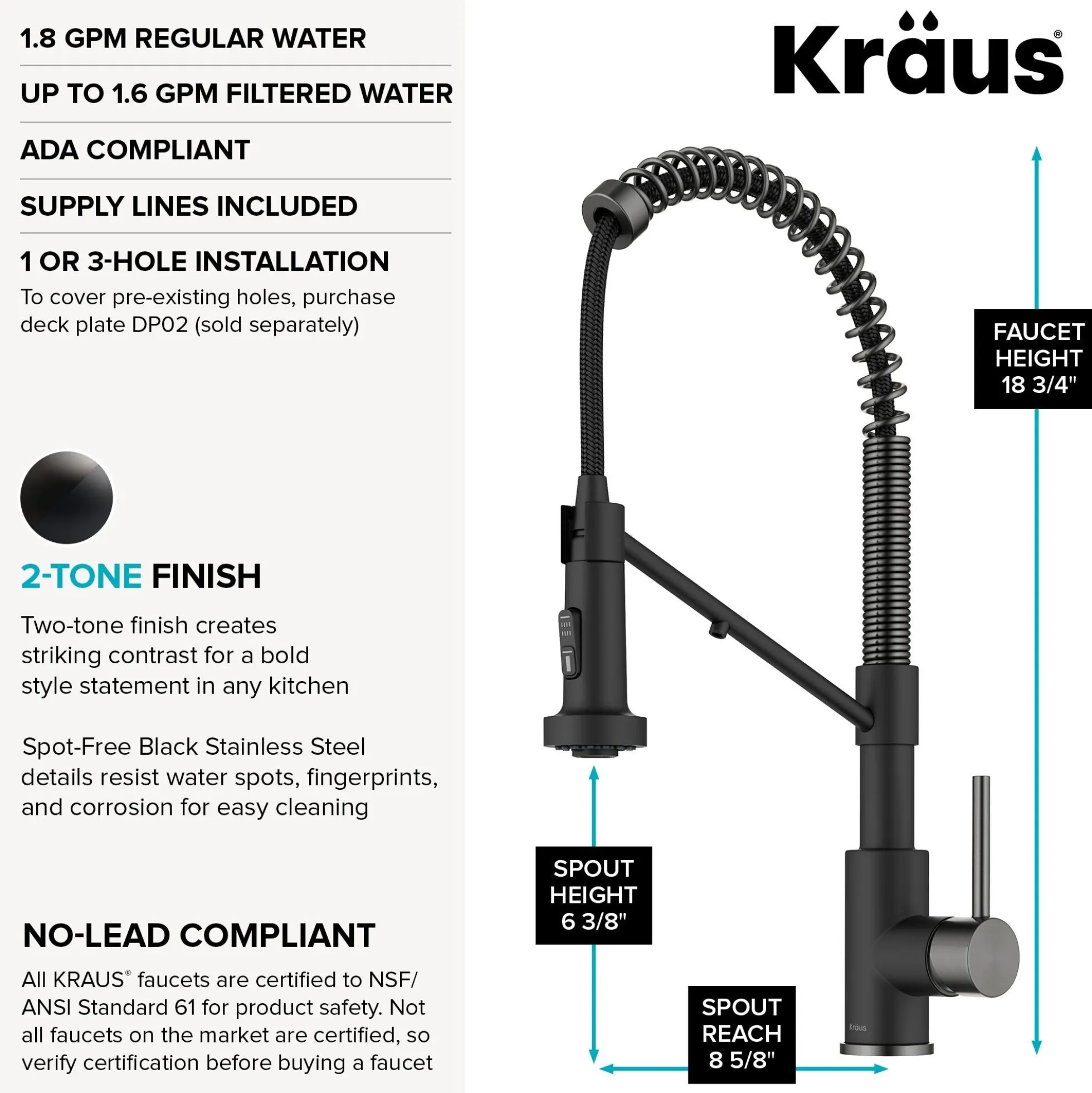 2-in-1 Commercial Style Pull Down Kitchen Faucet with Integrated Water Filter Tap for Reverse Osmosis or Water Filtration System in Matte Black / Spot-Free Black Stainless Steel