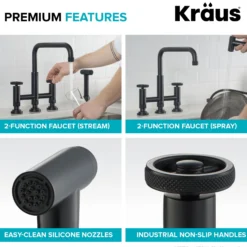 Industrial Bridge Kitchen Faucet with Side Sprayer in Matte Black