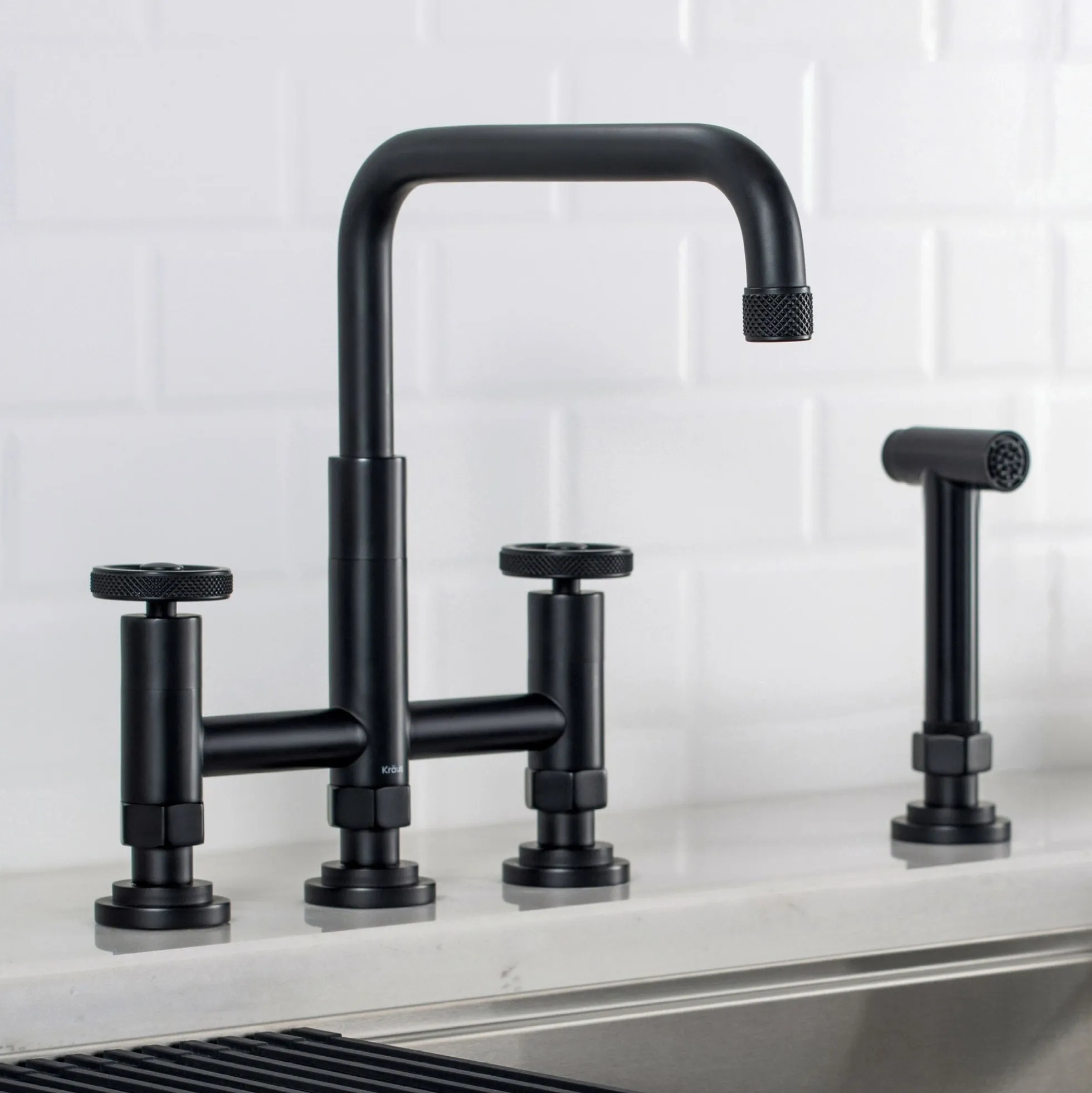 Industrial Bridge Kitchen Faucet with Side Sprayer in Matte Black