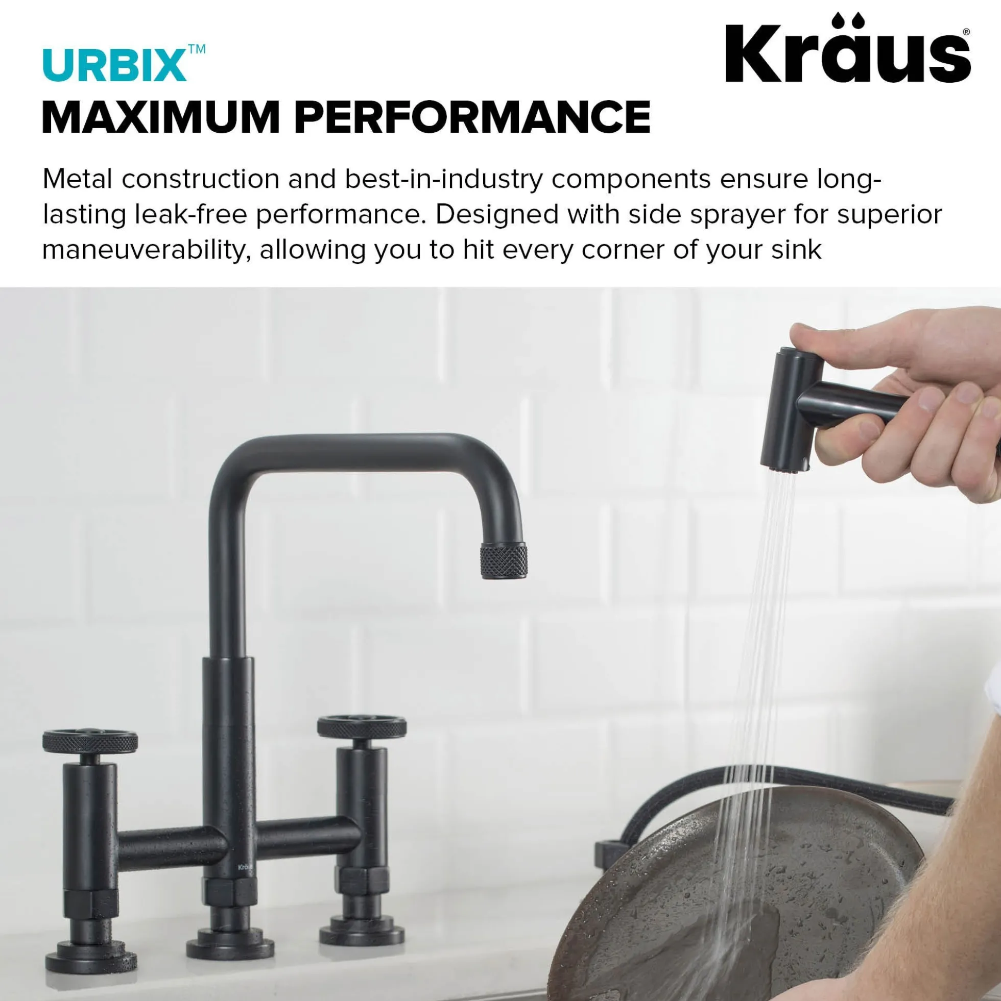 Industrial Bridge Kitchen Faucet with Side Sprayer in Matte Black