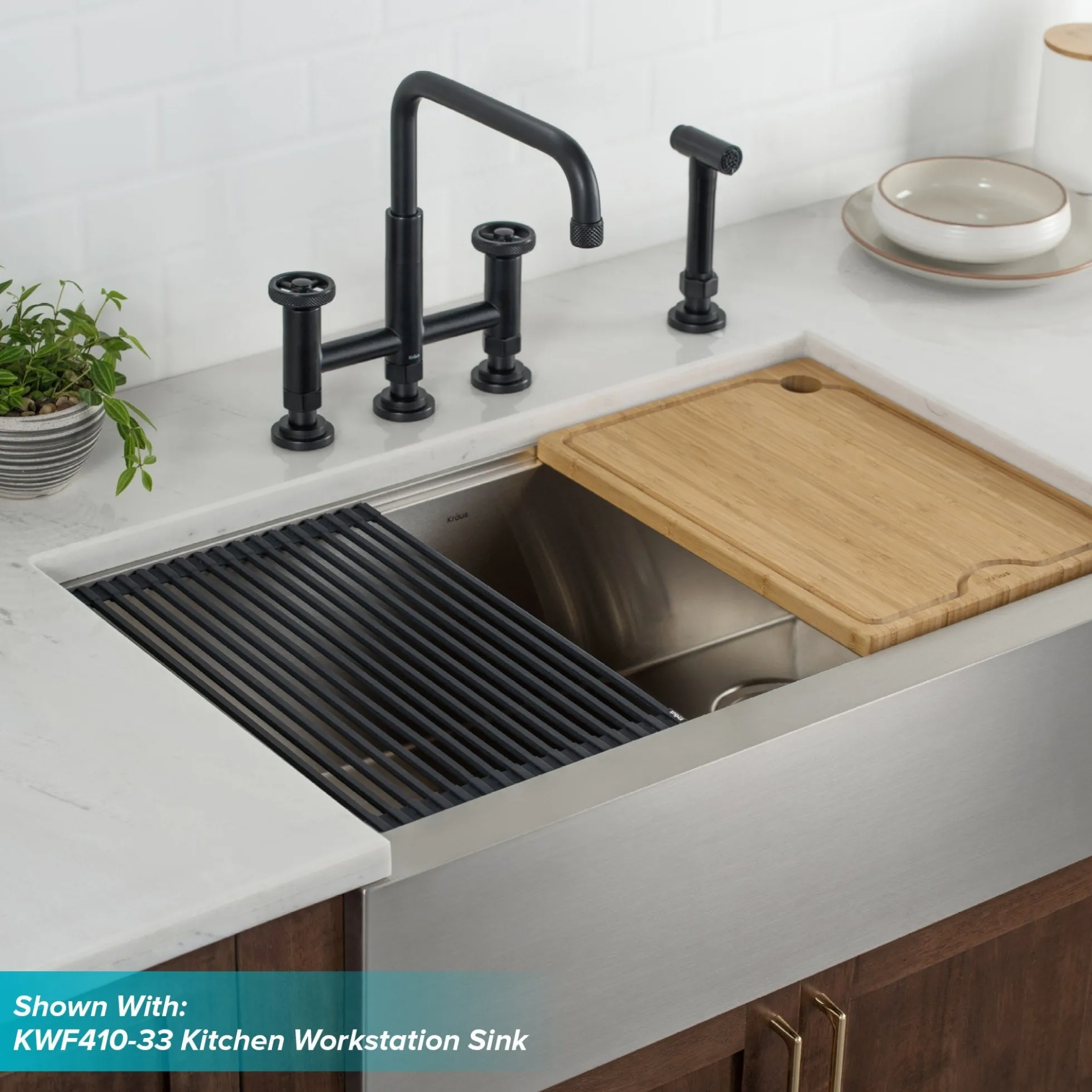 Industrial Bridge Kitchen Faucet with Side Sprayer in Matte Black