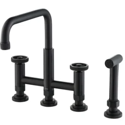 Industrial Bridge Kitchen Faucet with Side Sprayer in Matte Black