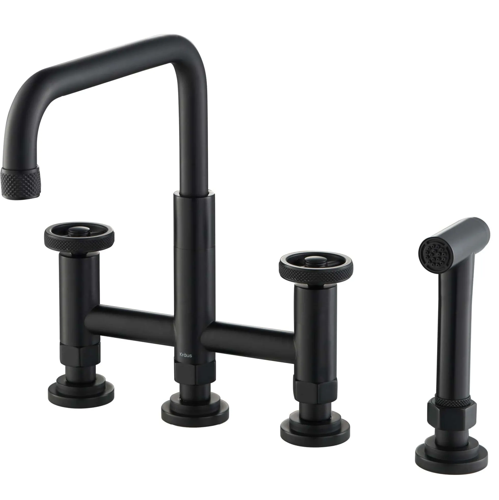 Industrial Bridge Kitchen Faucet with Side Sprayer in Matte Black
